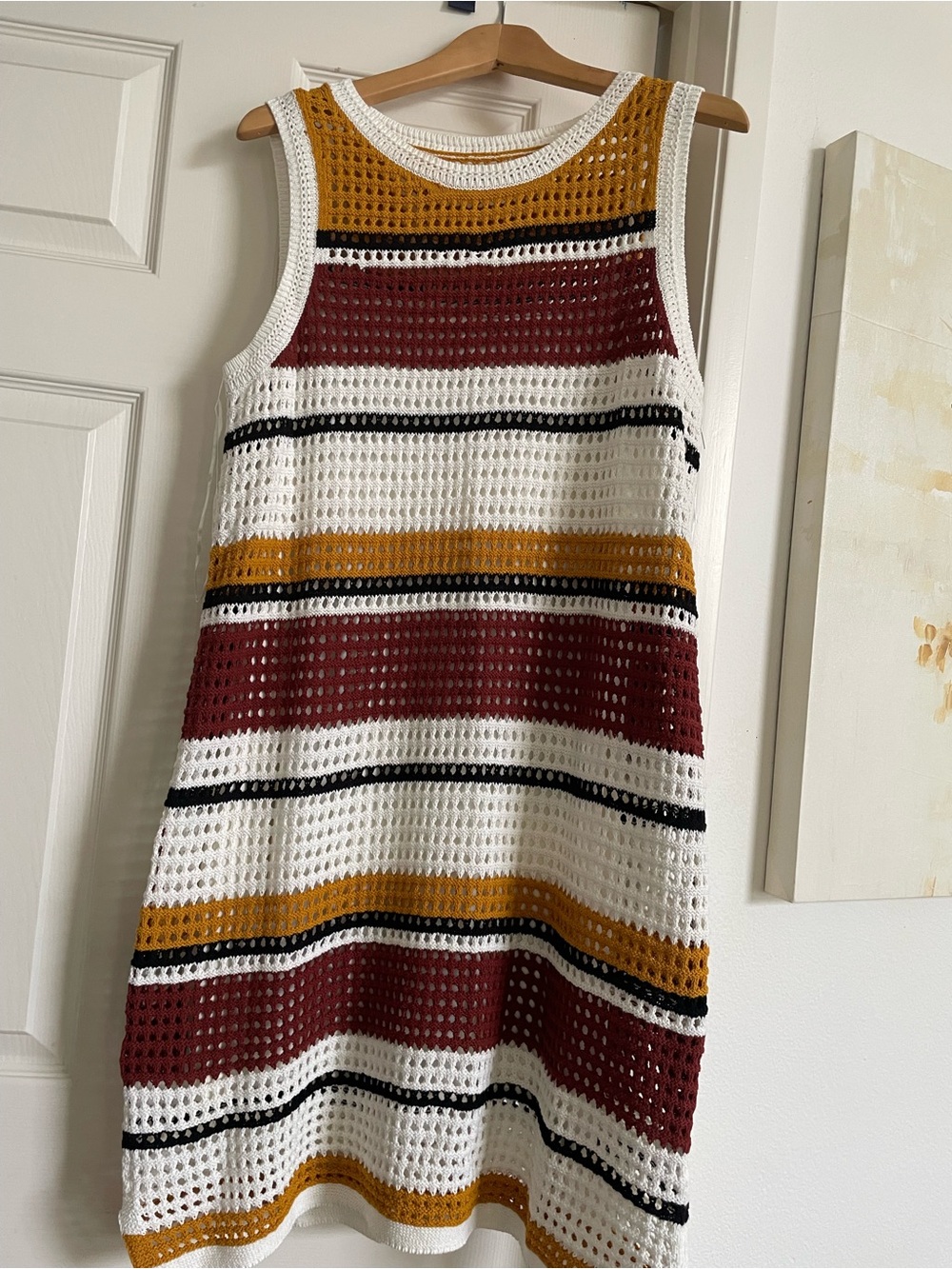 Nine West White Crochet Midi Dress with Maroon, Mustard & Black Stripes. NWOT